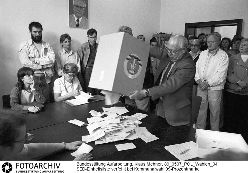 SED verfehlt bei Kommunalwahl 99 Prozent. Berlin (Bezirk Berlin) DDR, 07. 05. 1989. Foto: Stimmauszählung unter Honecker-Portrait im Wahllokal 802, Thälmann Park. Die Einheitsliste der Nationalen Front unter Führung der Sozialistischen Einheitspartei Deutschland (SED) fuhr zu den Kommunalwahlen laut offiziellem Endergebnis 98,85 Prozent der Stimmen ein. Beobachter der Opposition und die akkreditierten Journalisten bezweifeln das Ergebnis. Im einzigen Westjournalisten zur Berichterstattung zugewiesenen Wahllokal war die Anzahl der Wahlberechtigten nicht zu erfahren.<BR>Material/Technik: Foto<BR>Bezirk Berlin<BR>Signatur: 89_0507_POL_Wahlen_04